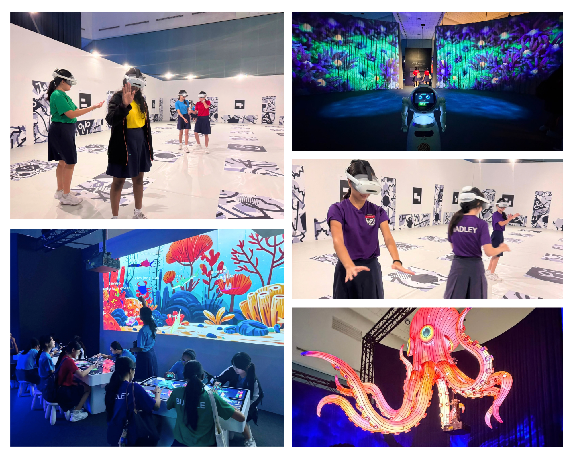 A photo collage of students using VR sets and projected light installations of marine life and plants.